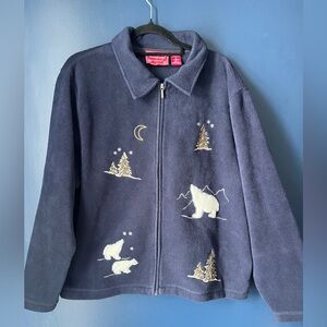 Holiday Lodge Women’s XL Navy Fleece Jacket Full Zip Embroidered Winter